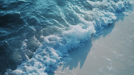 Blue ocean waves crash against the tropical beach, with white foam meeting the vast sky