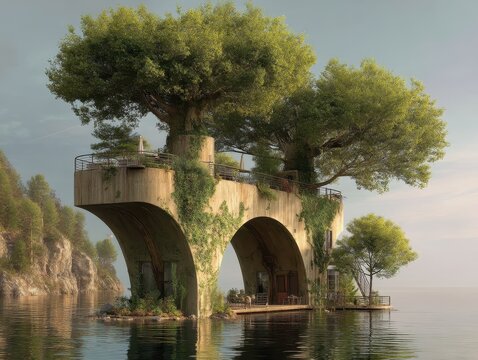 Surreal architectural nature scene; a structure built atop an arched concrete base in calm water, with mature trees and greenery.