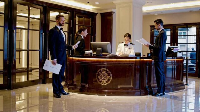 Luxury hotel lobby with reception staff