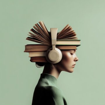 Student listening to audiobook with headphones and books on head