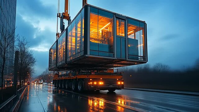 Modern modular building being transported by truck on a rainy night.  Interior lights illuminate the structure