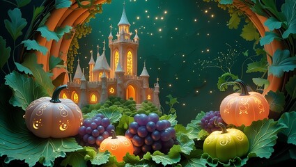 Enchanted Autumn Castle A Magical Halloween Scene with Pumpkins and Grapes