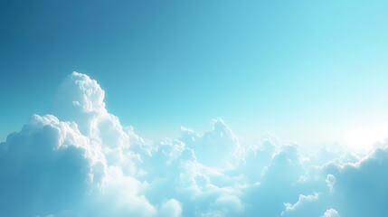 A serene view from above, white clouds drifting gently across a clear blue sky, sunlight peeking through.