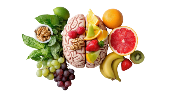 Nourish Your Mind: An artistic collection of brain-shaped fruits and vegetables, promoting health and vitality, symbolizing cognitive function and a healthy lifestyle.