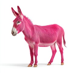 Pink donkey standing on white background, surreal animal portrait