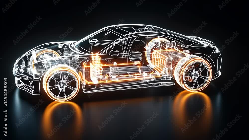 Poster wireframe electric car structure rotating on a black background, showcasing its internal components,