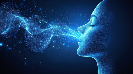 Obraz premium Abstract Person Exhaling Energy Breath Flow Particles Blue Digital Concept Art