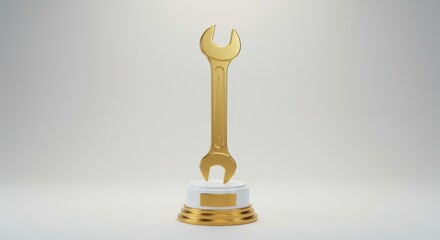 A gleaming golden wrench trophy atop a white and gold pedestal showcasing metalwork