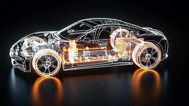 Wireframe electric car structure rotating on a black background, showcasing its internal components, battery, and engine, highlighted with orange lines
