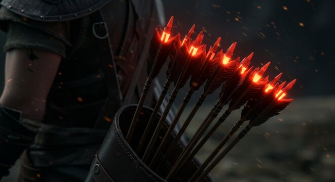 Quiver full of arrows with glowing red-orange tips prepared for combat