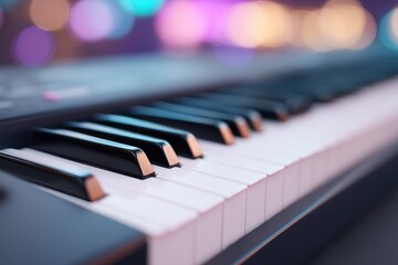 organ keyboard with detailed close-up blurred people in background showcases musical elegance