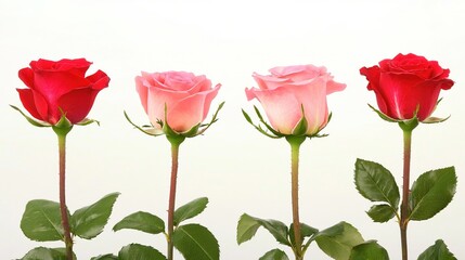 Four vibrant roses in various shades of pink and red.