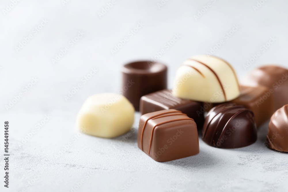 Poster assorted chocolates displayed elegantly with varying shapes and textures highlighting their rich inv