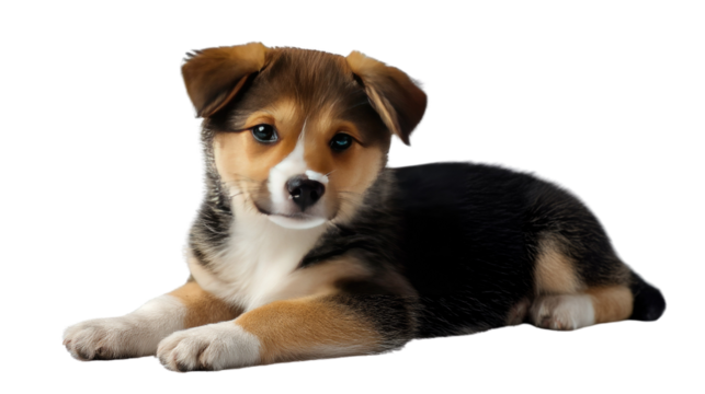 Playful Puppy Portrait: A charming puppy with a tri-color coat lies serenely, captivating with its innocent gaze, capturing the essence of companionship and unconditional affection.