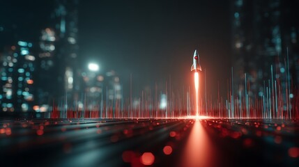A futuristic rocket launches with neon red light