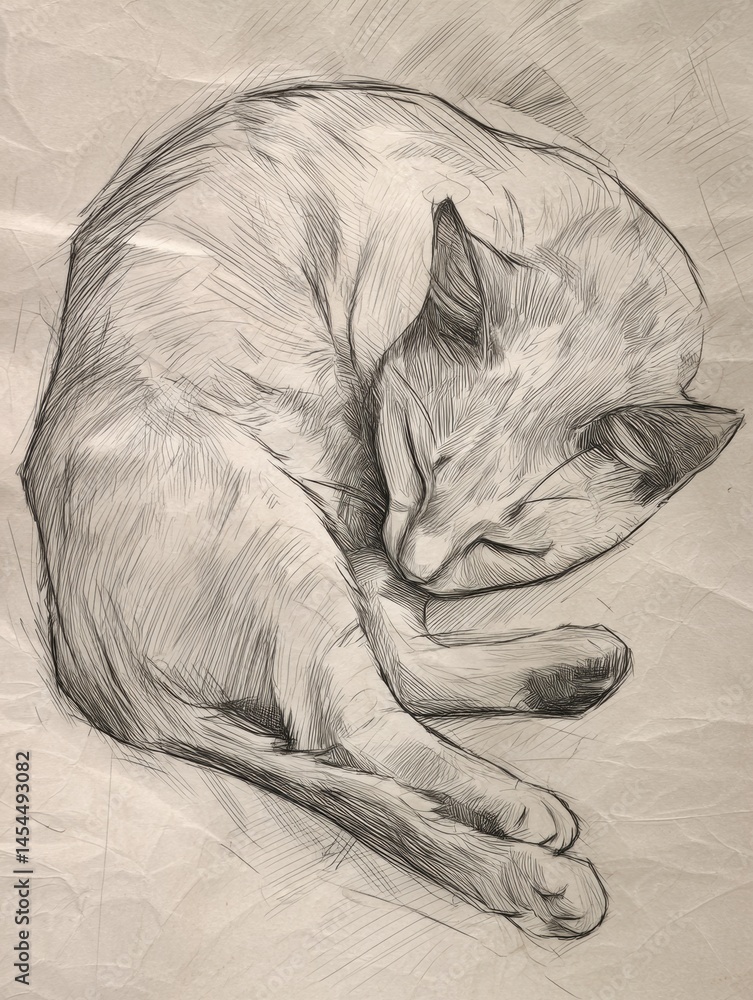 Poster Detailed Sketch of a Curled Sleeping Cat on Soft Background With Serene Vibe and Cozy Atmosphere Generative AI