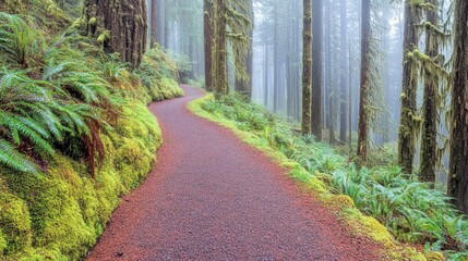 Obraz premium A winding forest trail meanders through a misty evergreen woodland.