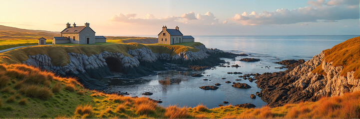 Irish rocky coastline with weathered stone fishers’ cottages amidst moss-covered cliffs and autumn grasslands, breathtaking natural landscape concept. Travel or vacation advertising banner