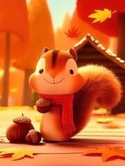 Adorable Cartoon Squirrel in Autumn