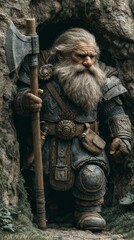 Dwarven warrior stands at cave entrance ready for adventure in ancient forest during twilight