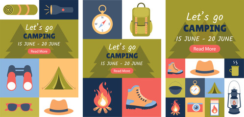 Camping. Set of posters, banners, placards, flyers, templates for social networks