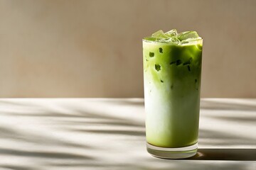 Refreshing Matcha Latte with Ice in Elegant Glass on Neutral Background