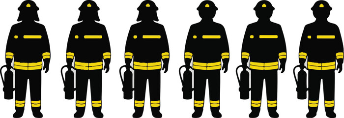 Silhouetted group of firefighters standing together with their tools and equipment representing bravery teamwork emergency response and the dedication of fire rescue services