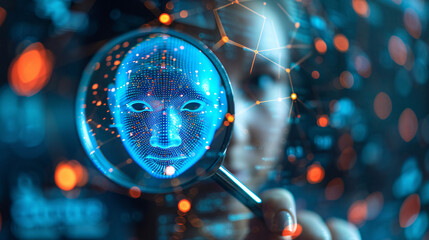 Futuristic KYC concept with person using magnifying glass, blue gradient background, digital identity focus.

