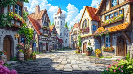 Obraz premium Charming medieval town street scene. Colorful houses, flowers, and cobblestone pathway under a sunny sky