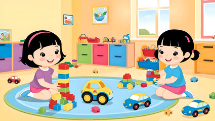 Kids playing with blocks and toy cars in a colorful classroom