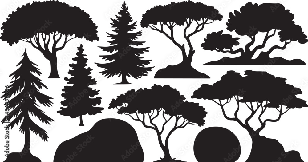 Aufkleber silhouette vector set of forest trees showing variety in form and foliage including coniferous and d