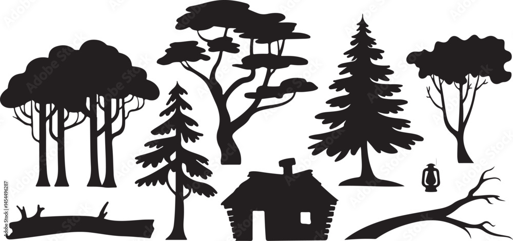 Poster black silhouettes of trees from various forest types displayed in vector form perfect for landscape 
