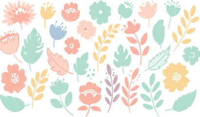 Flower kid crayon pencil vector. Childish spring floral background. Child color crayon chalk hand drawn with plant grass and spring flower. Pastel kid draw illustration.
