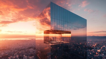 Modern skyscraper at sunset over city.  A futuristic glass high-rise building reflects the vibrant sunset colors. A rooftop terrace is visible