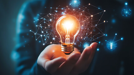 Hand holding a glowing lightbulb with abstract digital network connections, idea generation concept.