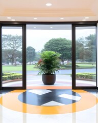 Fototapeta premium Modern lobby with glass doors, potted plant, and circular floor design, showcasing a tranquil outdoor view
