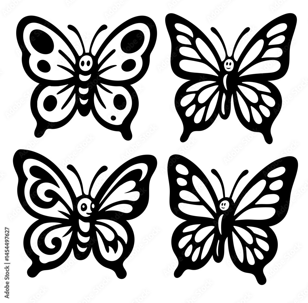 Poster four black and white butterflies with different designs. the butterflies are smiling and have a happ