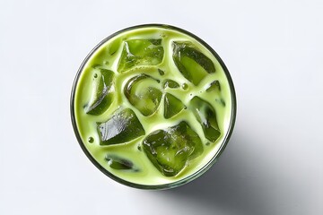 Refreshing Green Drink with Ice Cubes in a Clear Glass on Table