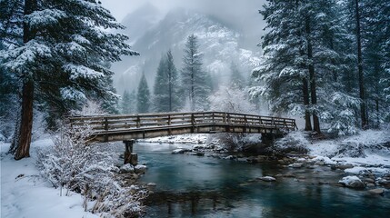 A snow covered bridge spans a winter river scene.
