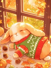 Adorable bunny in a sweater by a window
