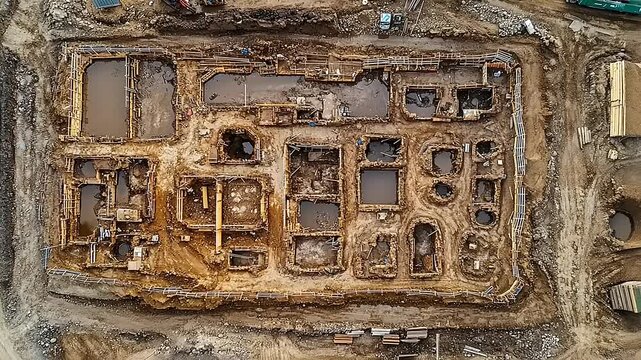 Aerial view of an archaeological dig site, showing numerous trenches and pits, 