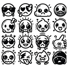 vector set emoticon doodle art simple line style black white