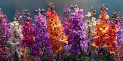 Colorful flower blooms in a vibrant garden showcasing a variety of species during sunny daylight hours