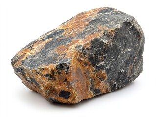 Fototapeta premium Rock A large grey and rusty brown stone sits on a white surface casting a shadow