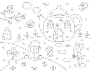 cute and cozy 8.5 x 11 inch coloring page of a teapot-shaped house in nature. You can print it on standard  letter paper size (8.5 x 11 inch) at 300 dpi for high-quality printing.
