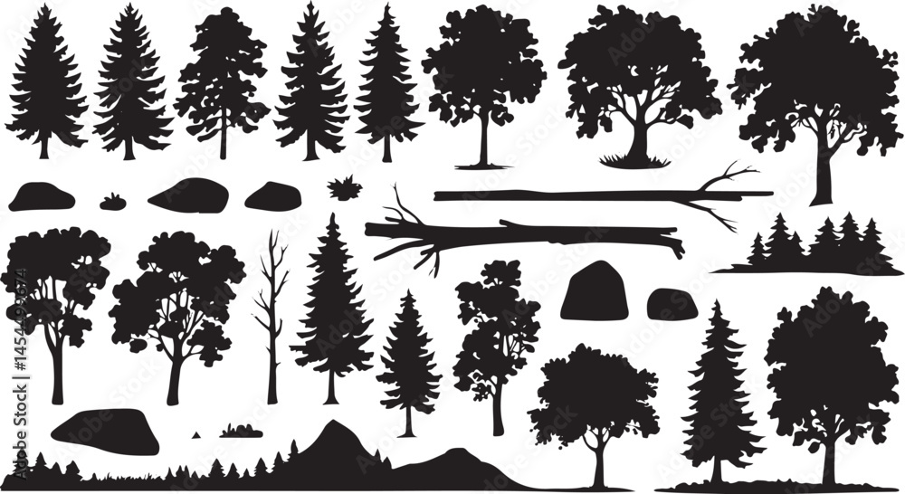 Aufkleber tree and forest silhouette vector collection showing a variety of tree types in black design for lan