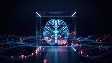 Blue translucent brain in cube with glowing red neural pathways