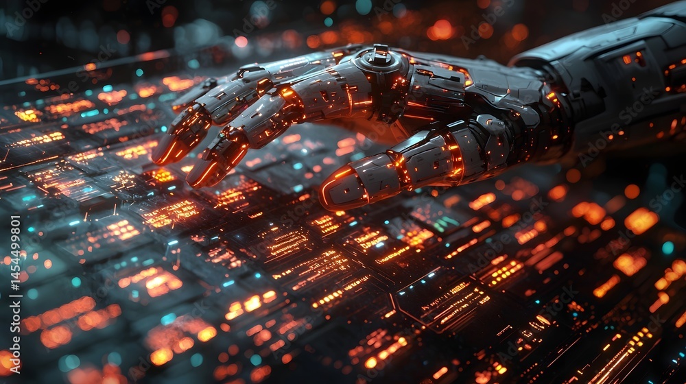 Poster a robot hand typing on a holographic keyboard surrounded by cybersecurity digital shields and threat