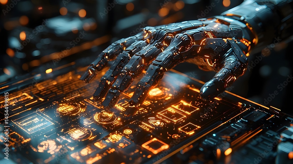 Poster a robotic hand navigating a futuristic cybersecurity interface
