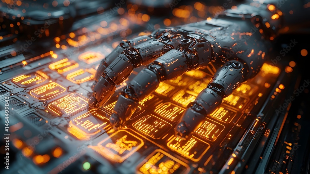 Poster robot hand interacting with a holographic cybersecurity interface